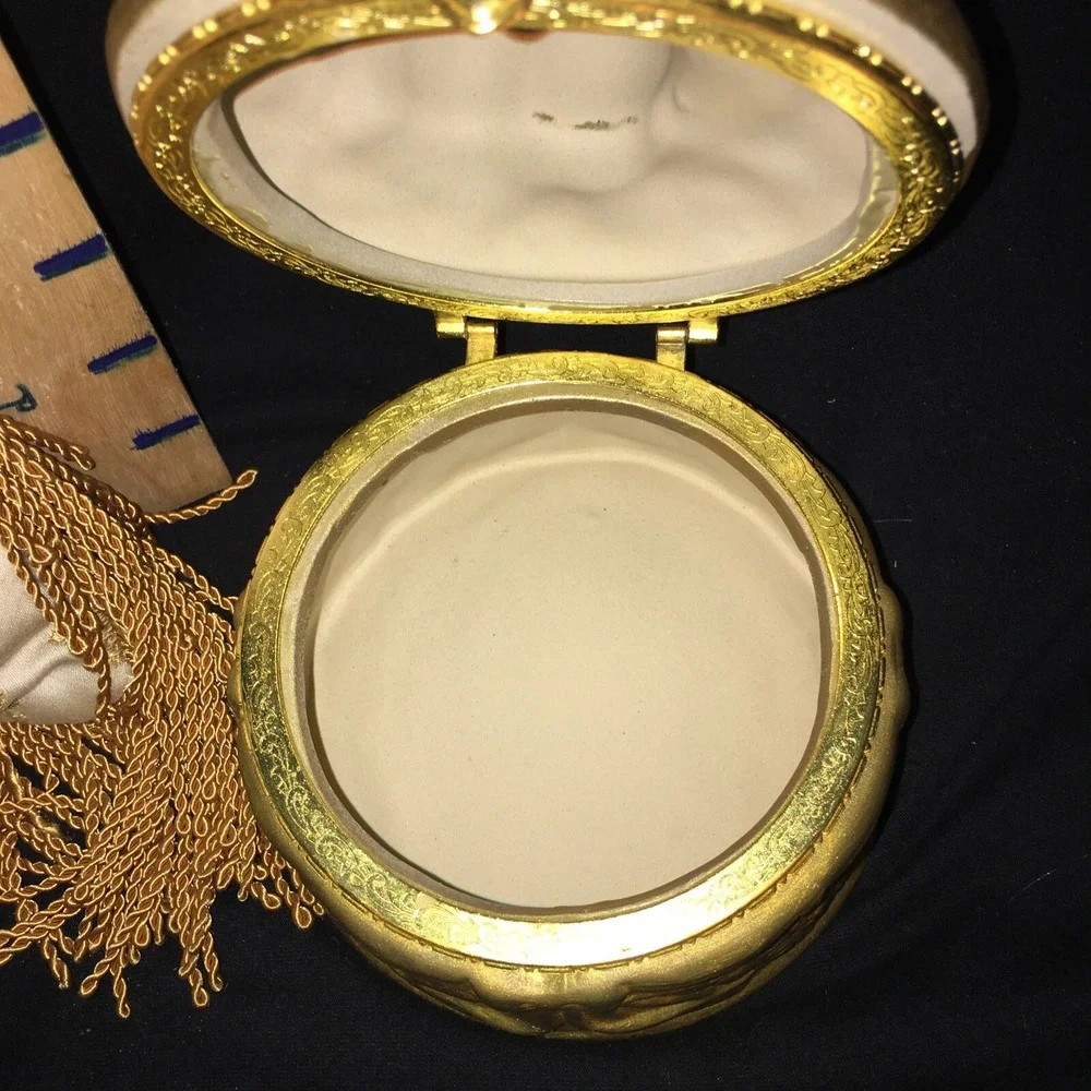 Vintage Gold Porcelain Cherub Hinged Trinket Box Large 7 Inches